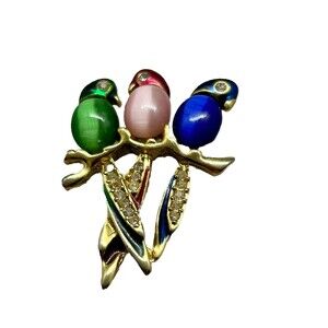 VTG Jelly Belly Parrot Goldstone Brooch Pin  Rhinestone Eyes Tails Grn Pink Blue